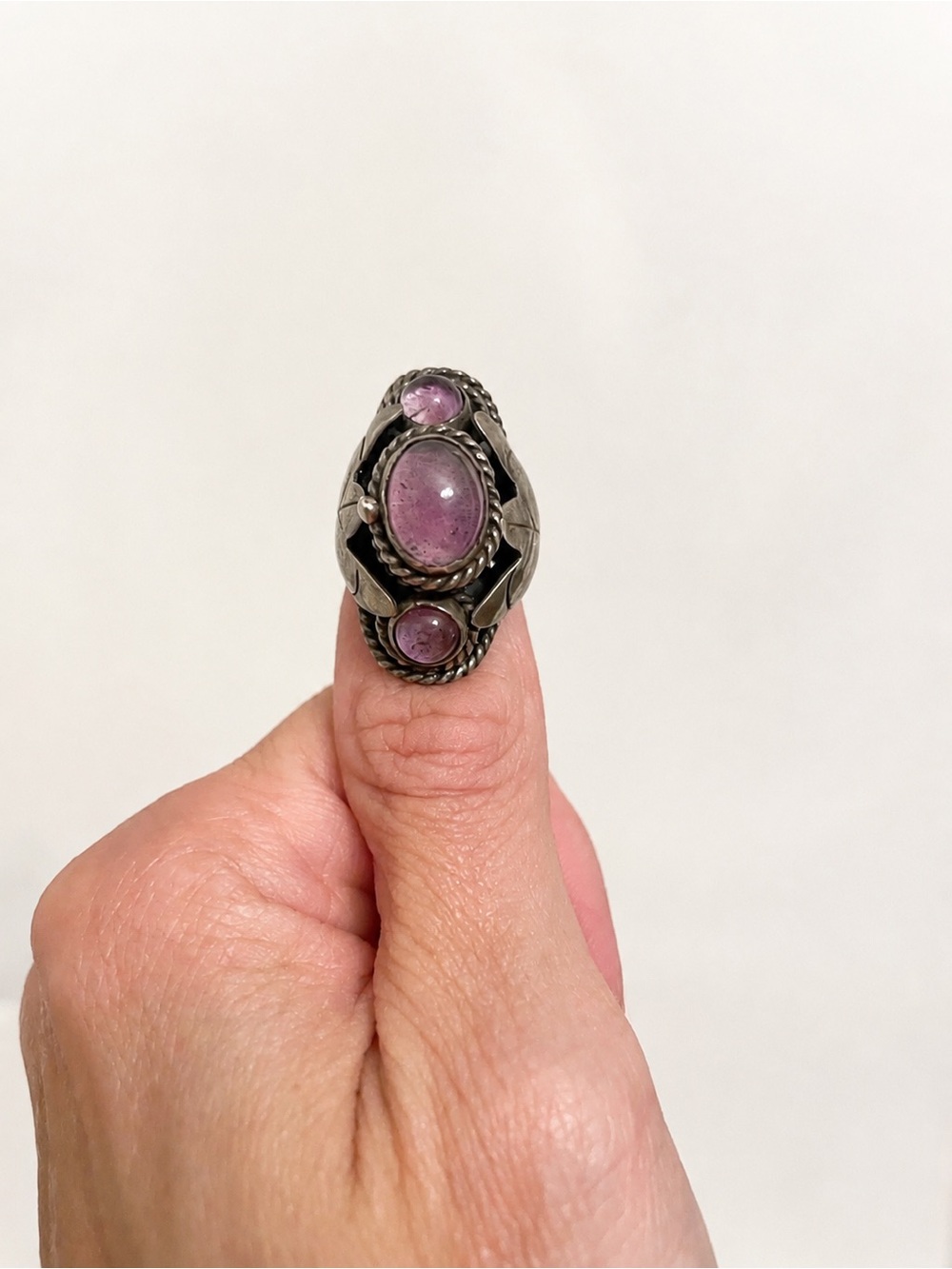 Vintage Taxco Sterling Silver Poison Ring Purple Black Cabochons Adjustable